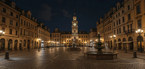 A historic European square, softly illuminated by antique streetlamps, with ornate buildings and an ancient clock tower glowing warmly. 