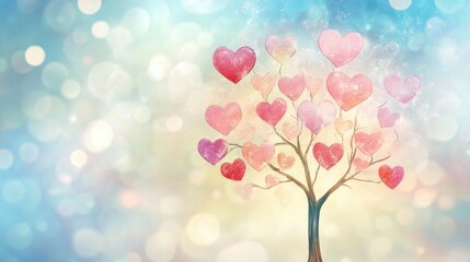 A whimsical tree with pink and red heart leaves against a bokeh background of blue and gold
