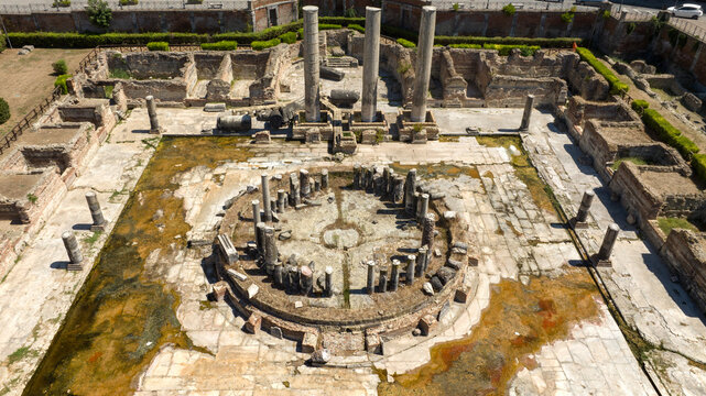 Aerial view the Macellum of Pozzuoli, near Naples, Italy. It was market building of the Roman colony of Puteoli. It was mistakenly known as the Temple of Serapis.