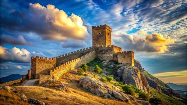 Majestic Genoese Fortress Kafa in Theodosia, Crimea: Bottom View of Crisco Tower, showcasing the Rule of Thirds