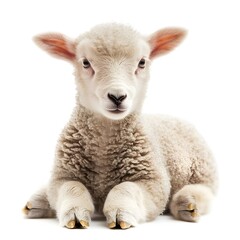 Obraz premium Baby lamb, white fluffy wool, curious expression, big ears, close-up portrait, studio lighting, clean background, adorable farm animal, innocent gaze, soft texture, high detail, 4k resolution, stock 