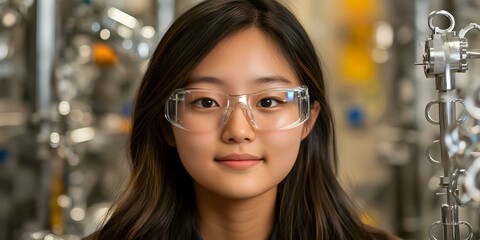 Fototapeta premium A young woman wearing clear safety glasses, smiling in a laboratory setting with scientific equipment in the background. Concept Safety in the Lab, Smiling Scientist, Clear Safety Glasses