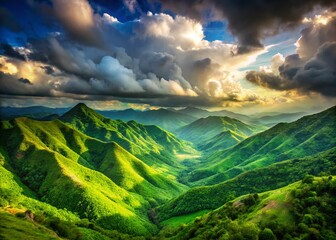 Majestic Green Mountainscape: Expansive Cloudy Sky View