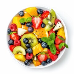 Obraz premium A bowl of fruit salad with assorted fruits and a sprinkle of mint leaves, isolated white background, vibrant art style