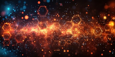 Obraz premium Vivid abstraction with glowing hexagons and luminous particles in a cosmic space setting