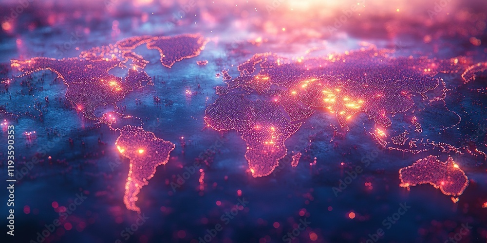 Poster digital world map illuminated by vibrant lights representing global connectivity and interaction at 