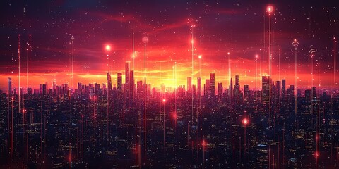 Fototapeta premium Sunrise over a futuristic city skyline with vibrant colors and digital elements