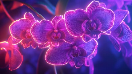 Obraz premium Neon orchid blossoms in a dark greenhouse setting