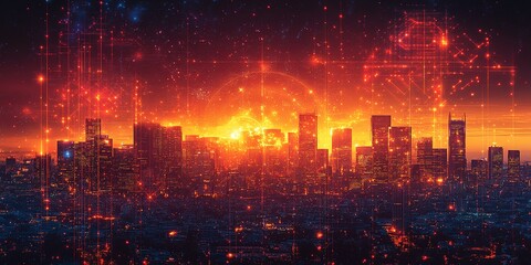Fototapeta premium Vibrant sunset over a futuristic city skyline illuminated with warm hues and digital elements