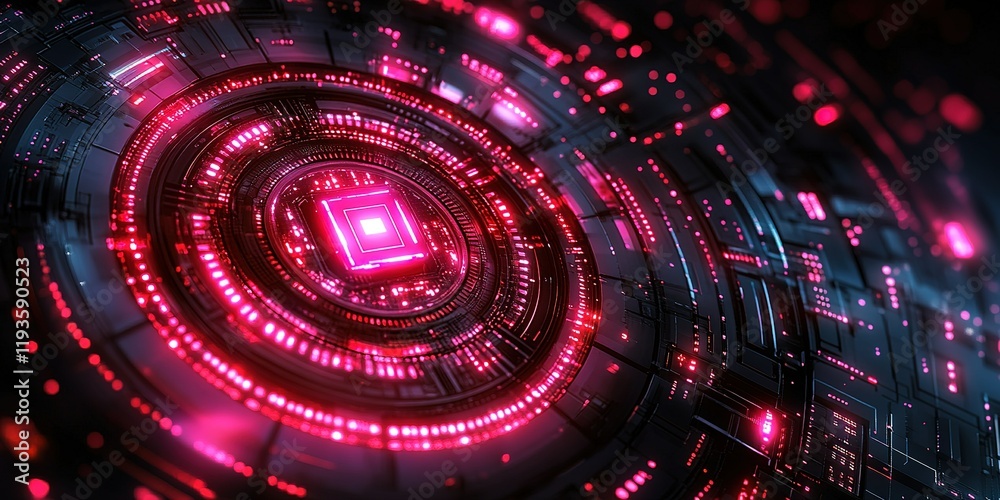Poster high-tech circular pattern with vibrant red lights and intricate circuit design in a futuristic sett