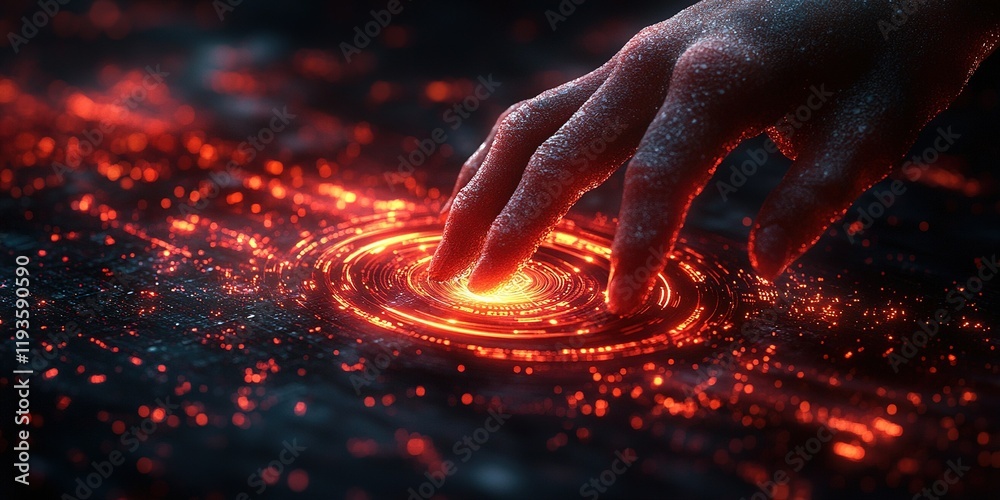 Poster Dynamic interaction of a hand with glowing circular patterns in a dark cosmic environment