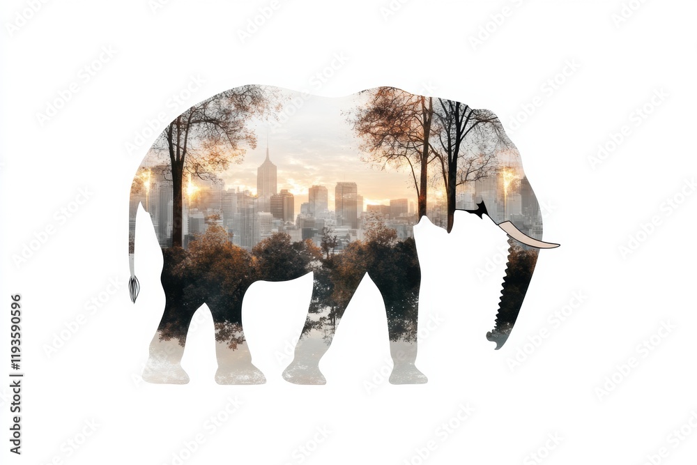 Poster elephant silhouette with urban skyline at sunset creating a harmonious blend of nature and city life