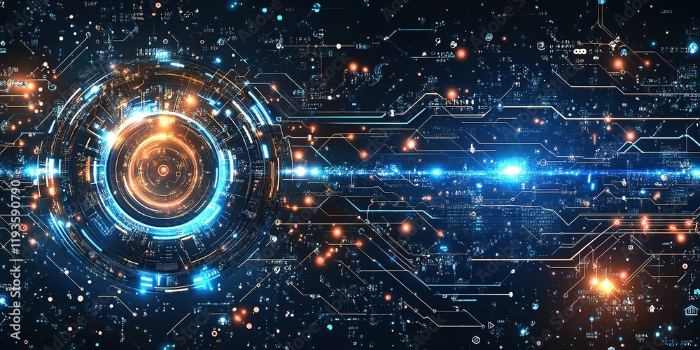 Poster high-tech digital abstract background with glowing circuits and data elements representing technolog