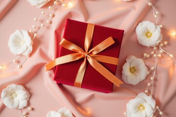 Fototapeta premium Elegant Red Gift Box Tied with Orange Ribbon Surrounded by White Flowers and Twinkling Lights on a Soft Pink Fabric Background