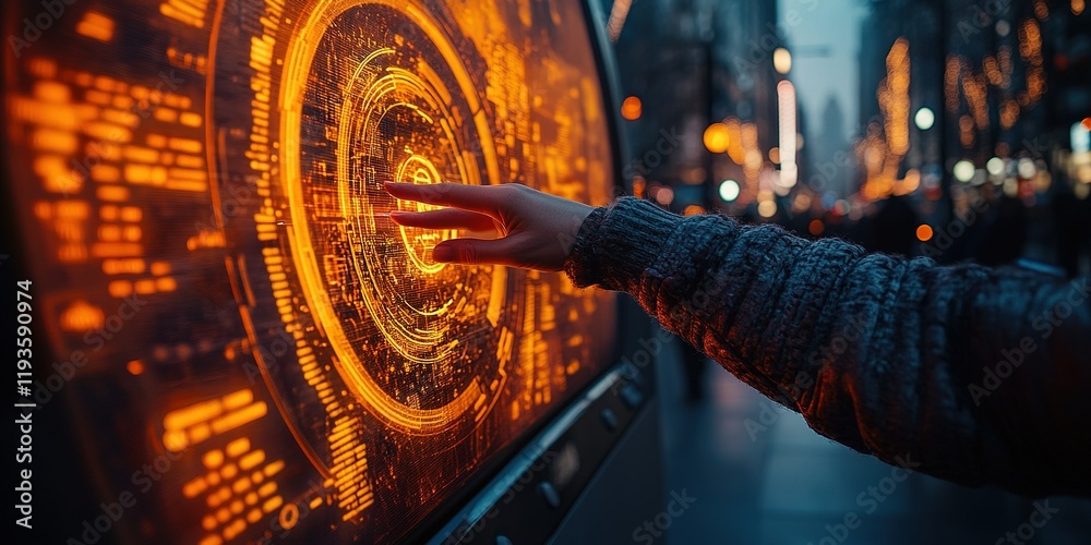 Poster interactive digital interface in a bustling urban setting at dusk with glowing visuals and user enga