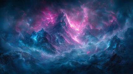 Pink and blue nebula over majestic mountains.