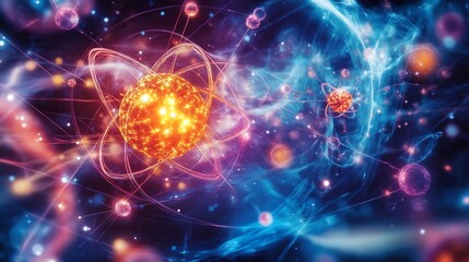 Obraz premium Dynamic subatomic particles vibrant molecular bonds with electron clouds visualized in atomic and quantum setups