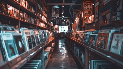 Obraz premium A cozy record store filled with vinyl records, showcasing a nostalgic atmosphere for music lovers.