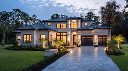Elegant Two Story Home Illuminated At Dusk
