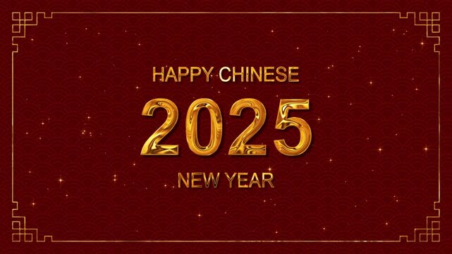 happy chinese new year golden text and frame red motion background with pattern and shiny glitter stars, celebration social media design element
