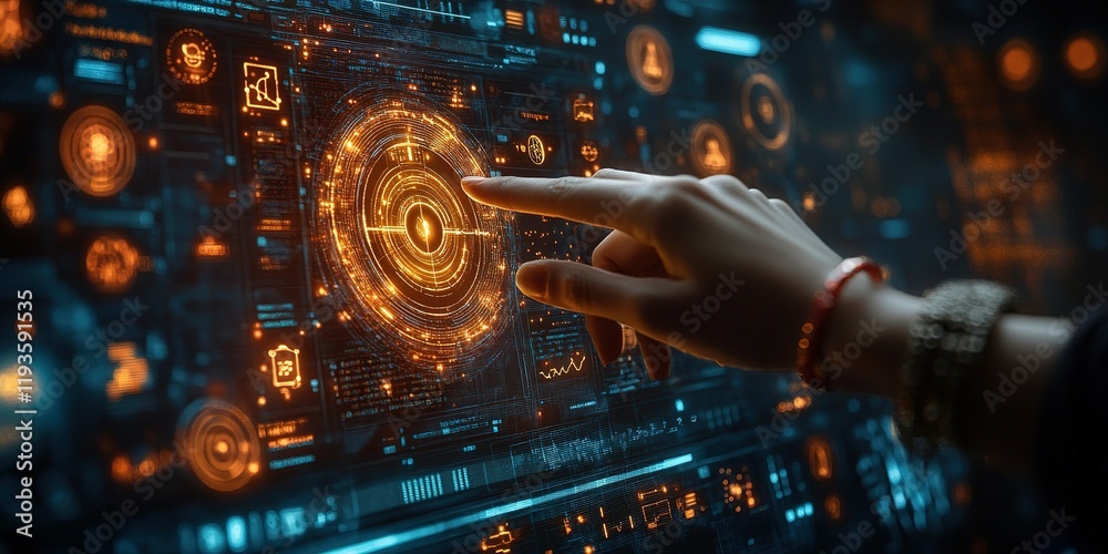 Poster hand interacting with a futuristic digital interface showcasing glowing data visualizations and info