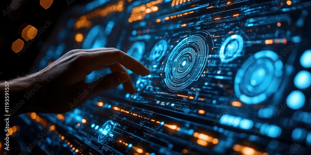 Poster touching a high-tech interface with glowing data visuals in a futuristic environment at night