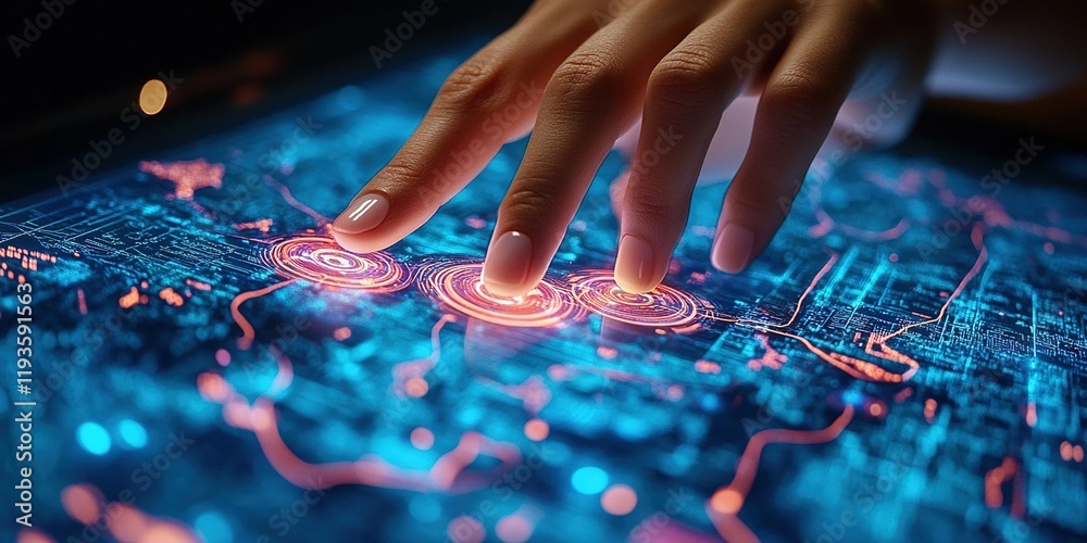 Poster fingers interact with glowing digital interface in a futuristic environment showcasing advanced tech