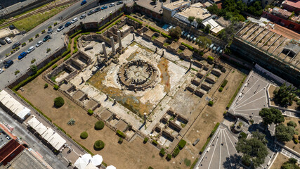 Aerial view the Macellum of Pozzuoli, near Naples, Italy. It was market building of the Roman colony of Puteoli. It was mistakenly known as the Temple of Serapis.