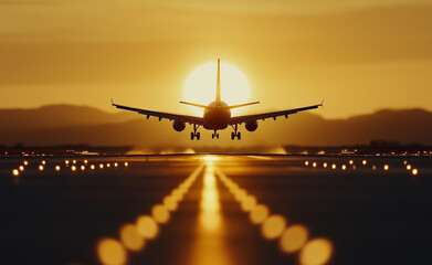 Airplane silhouette on a runway with a glowing sunset behind, capturing travel, aviation, and adventure themes.