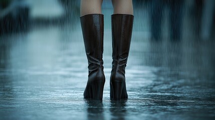 Woman in Black Boots Standing in Rainy Street Captures Elegance and Urban Style