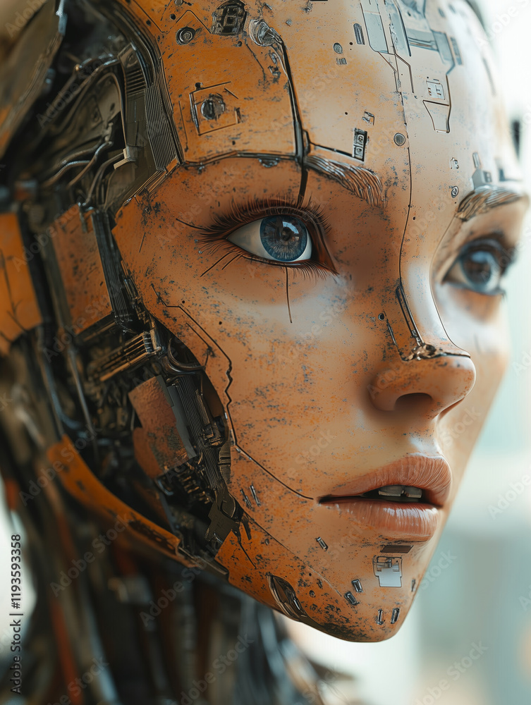 Poster emotional expression captured in a close-up of a humanoid robot face