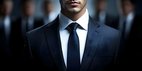 Fototapeta premium A man in a suit is in focus, with several blurred figures in suits behind him, creating a sense of depth and mystery. Concept Elegant Business Attire, Depth and Focus, Mysterious Atmosphere