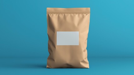 High-resolution Kraft bag mockup with blank label on a blue background