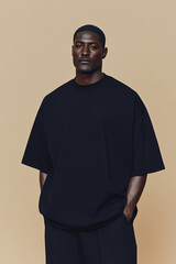 Obraz premium Male fashion concept. Portrait of a handsome afro-american male model wearing black designer clothes and posing on light beige background. Catalogue, campaign style. Studio shot