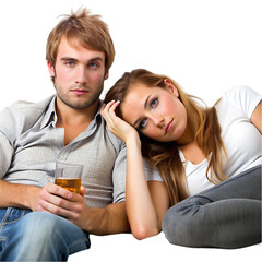 Sad Young Couple Sitting Together Drinking Beer man pain woman tired grief somber alcohol 