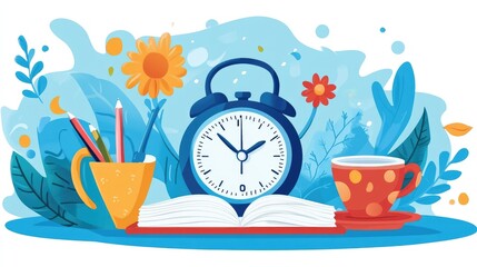 Colorful Workspace with Clock, Open Book, and Coffee Cup - Inspiring Creative Environment
