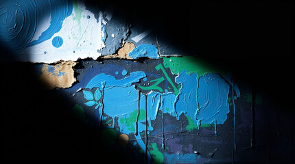 Primitive abstract painting lit with ray of hard light in a dark space. Surrealistic contemporary art