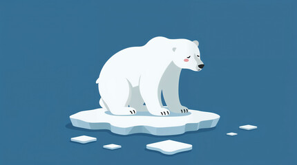 Fototapeta premium Sad white bear sitting on a melting ice. Graphic illustration in flat style dedicated to danger of global warming
