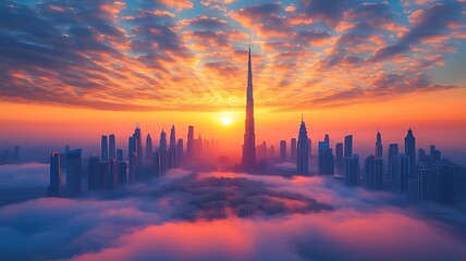 Dramatic sunrise over a city skyline, skyscrapers emerging from clouds.