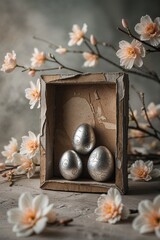Fototapeta premium Elegant Silver Easter Eggs in Rustic Box with Spring Blossoms