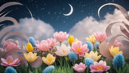 Obraz premium Spring Flowers Blooming under Night Sky with Crescent Moon