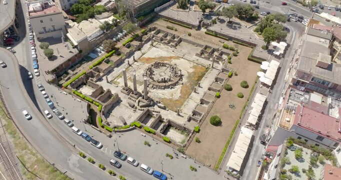 Aerial view the Macellum of Pozzuoli, near Naples, Italy. It was market building of the Roman colony of Puteoli. It was mistakenly known as the Temple of Serapis.