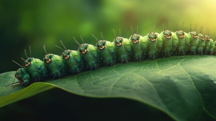 Naklejka premium A Line of Green Caterpillars on a Lush Leaf: A Stunning Macro Photograph of Nature's Tiny Wonders