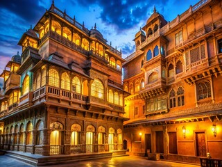 Majestic Rampuriya Haveli, Bikaner at Night: Low Light Photography Stock Photo
