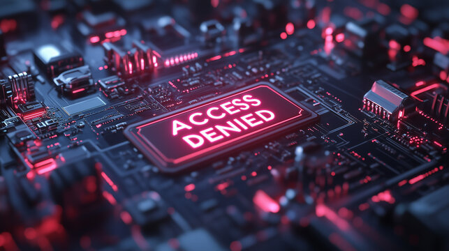 Holographic ACCESS DENIED warning on motherboard - Powered by Adobe