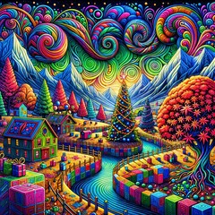 Fototapeta premium A vibrant, whimsical landscape showcases colorful houses and trees beneath a swirling psychedelic sky. At the center, a decorated Christmas tree stands beside a winding river. (Gen, A.I.)