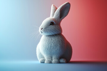 A rabbit sits on a pink and blue background. 3D effect. Easter Bunny.  Cuteness and care. Minimalism. Copy space.