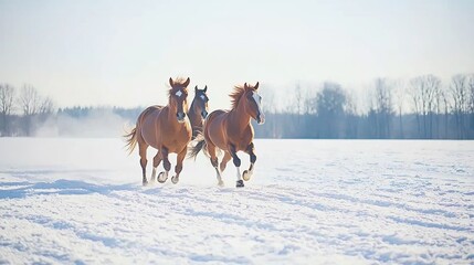 Obraz premium Chestnut horses galloping across snowy field; winter landscape