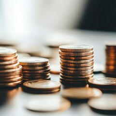 A close-up of stacked coins in silver, gold, and copper colors, representing wealth, savings, and financial growth.