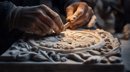 Skilled Hands Carving Intricate Marble Floral Design